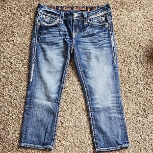 Rock Revival Dark Blue Sasha Capris With Rhinestones & Embroidery Size 28